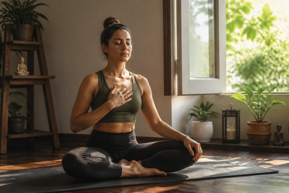 A person sitting cross-legged on a yoga mat near a sunlit window, eyes closed, right hand resting gently on their chest practicing slow deep breathing in a calm, softly lit room