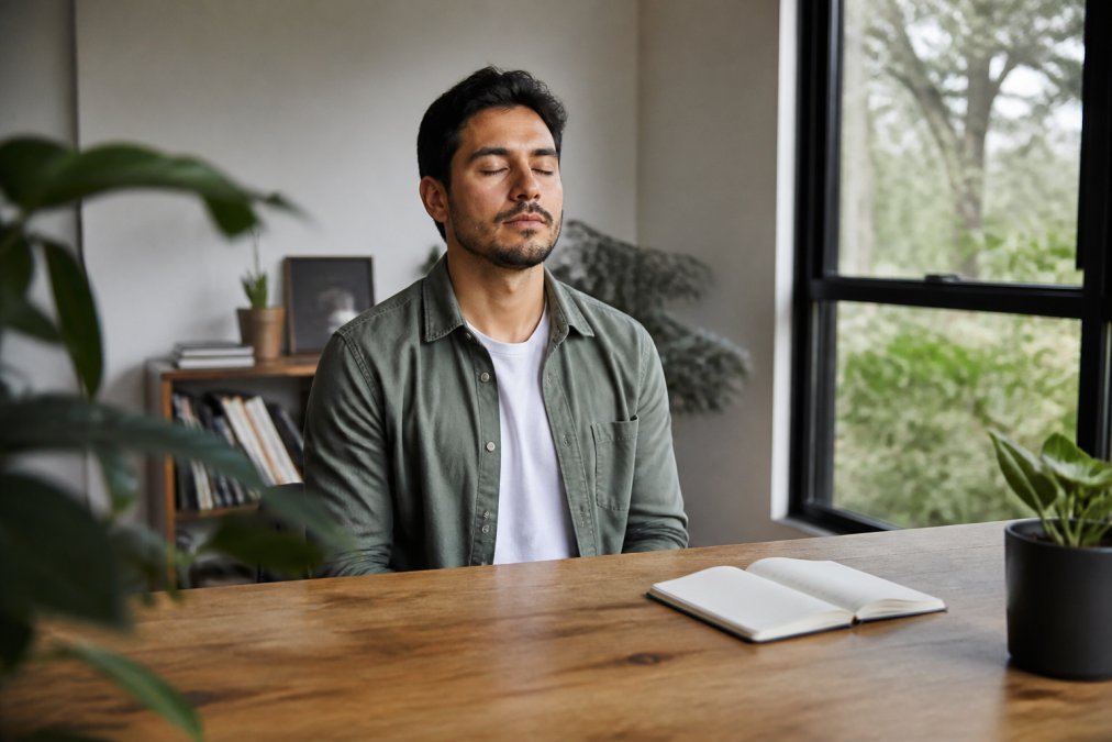 A professional in casual clothing sitting quietly at a wooden desk with a small open notebook beside them, eyes gently closed, taking a brief mindfulness pause during the workday in soft natural light