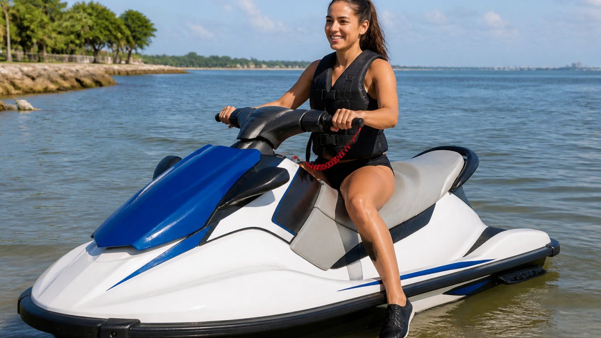 Beginner wearing a life jacket and safety lanyard as they prepare to ride a jet ski on calm coastal waters.