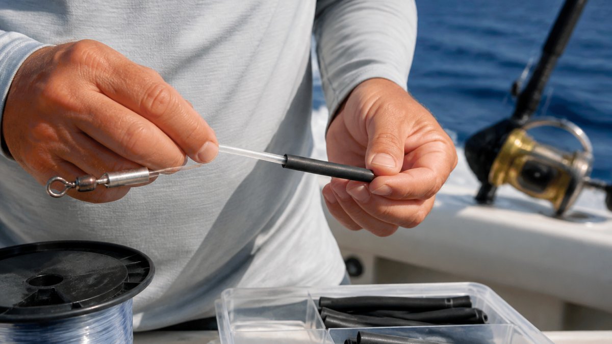 Close-up of an angler's hands securing chafe tubing over a heavy monofilament leader with a crimp sleeve and swivel on a boat deck, fishing rod and ocean visible in the background