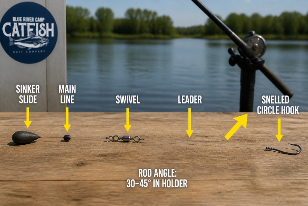 Diagram of a terminal tackle setup for circle hooks for catfish showing the rig components and rod angle.