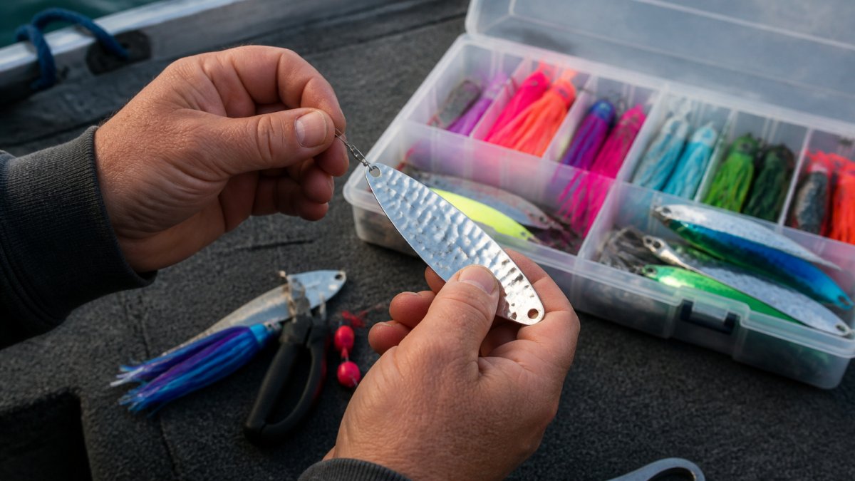 Close-up of an angler's hands attaching a shiny silver dodger to a fishing line on the deck of a boat, with a tackle box of colorful lures and spinners visible in the background
