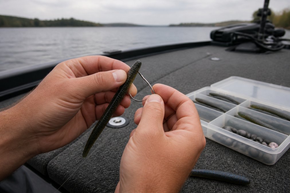 Close-up of an angler's hands threading a soft plastic worm onto an offset hook on a boat deck, with a tackle box and lake visible in the background