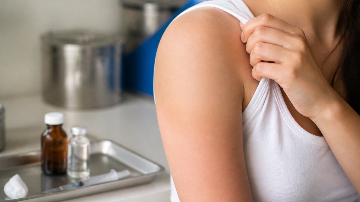 Close-up of a person's upper arm and shoulder showing the deltoid muscle area with clear anatomical landmarks for B12 injection site location, natural clinical lighting