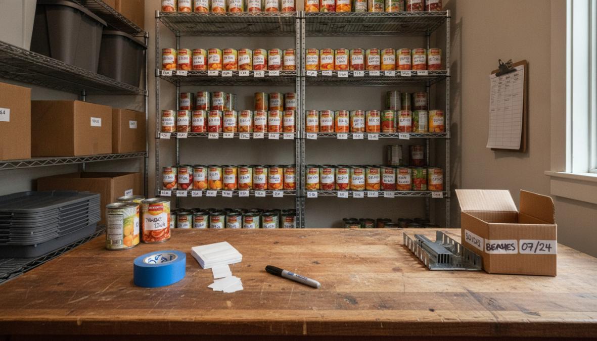 Well-organized emergency pantry shelves with clearly labeled canned goods arranged in rows, oldest items at front, newest at back, dehydrated foods in labeled containers on upper shelves, dry goods in clear storage bins