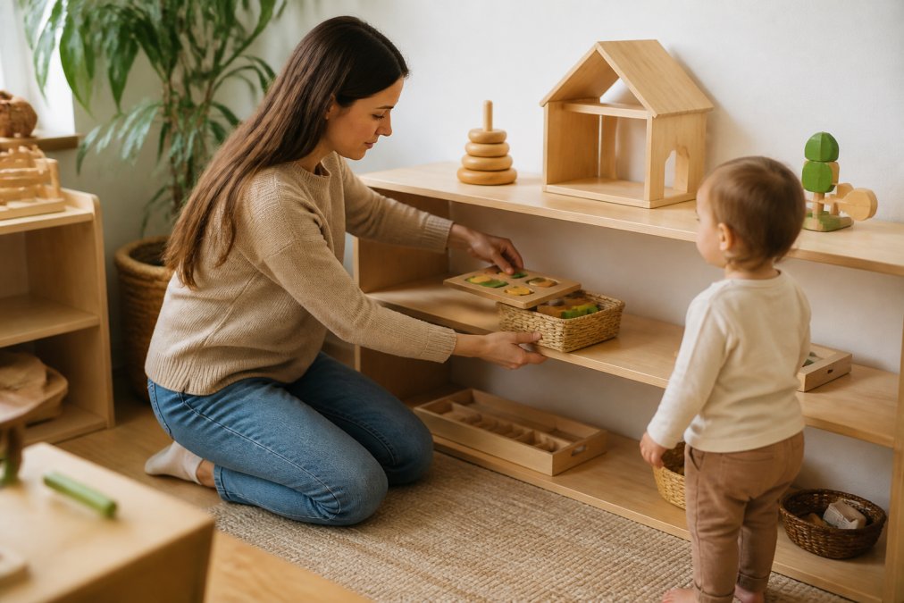 Parent placing wooden toys on a low shelf while a toddler watches in a bright playroom