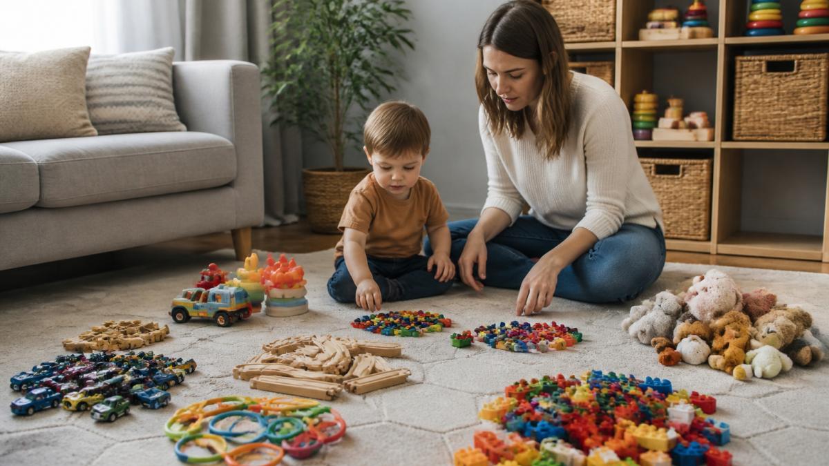 Parent and toddler sitting on the living room floor sorting toys into piles by a wooden storage unit