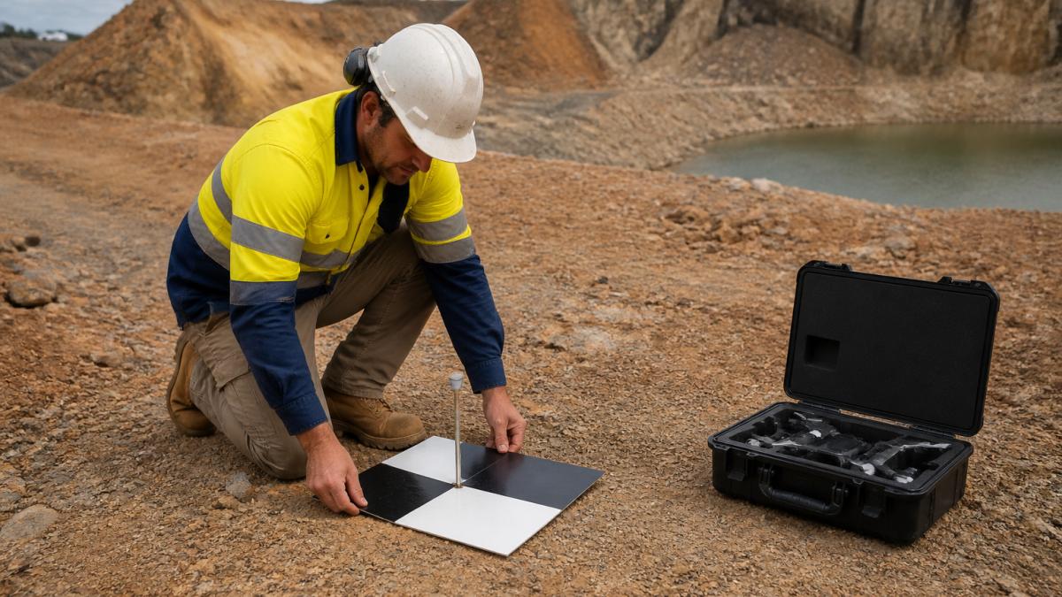 Surveyor placing a ground control target for drone volumetric analysis on a dusty mine site.