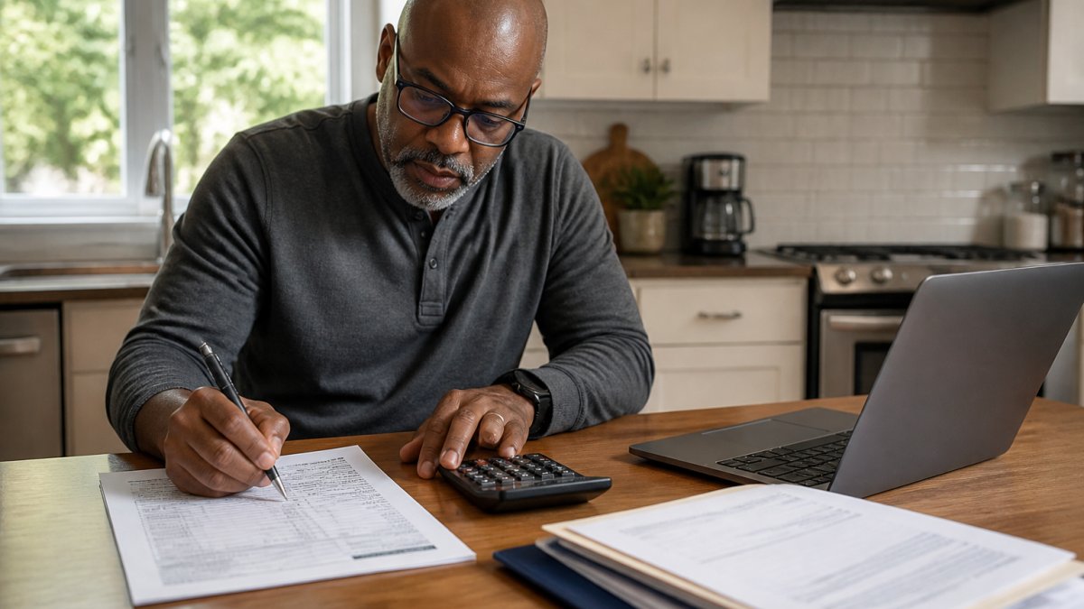 Person at a kitchen table using financial documents and a calculator to complete a life insurance coverage gap analysis.