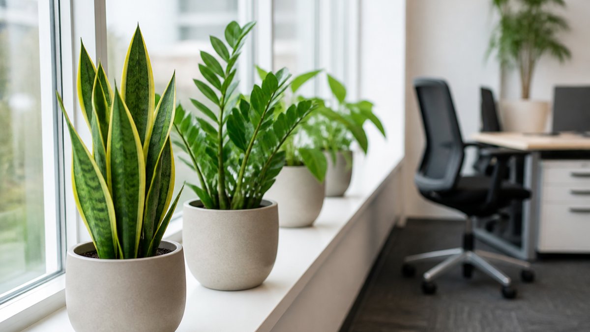 A row of low maintenance office plants including a snake plant and ZZ plant in matching neutral pots along a bright office windowsill, with a blurred desk and chair behind