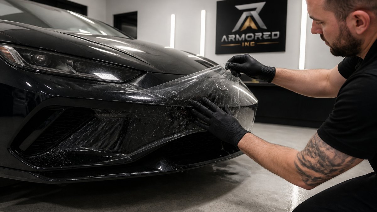 Technician applying protective film to exotic car paint on a sports car bumper in a detailing bay