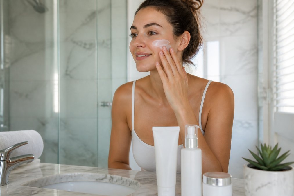Person applying sunscreen to face after chemical peel in bright bathroom, with skincare products visible on marble counter including moisturizer and sunscreen bottles