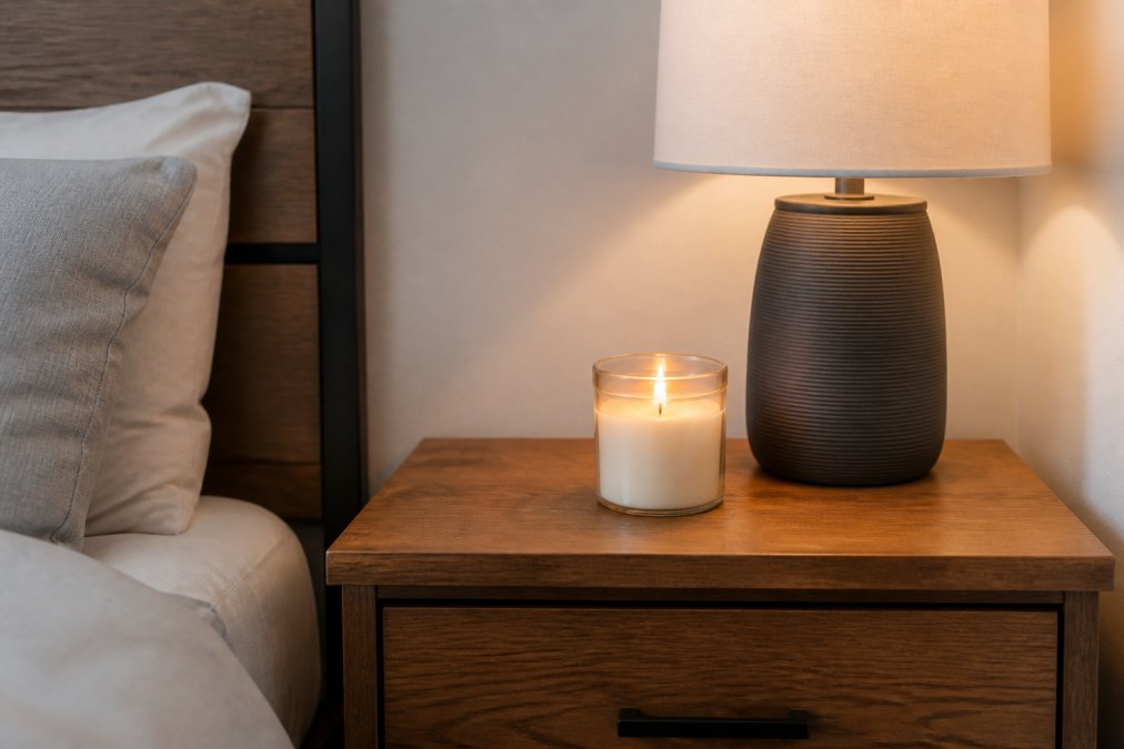 Scented jar candle placed on a wooden nightstand next to a lamp in a small bedroom, showing proper clearance from walls and clutter