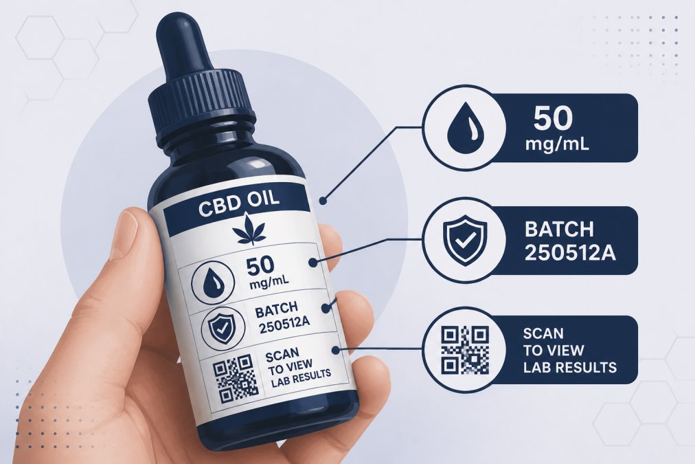 Close-up of a hand holding a CBD oil bottle, showing the label with milligrams per milliliter, batch number, and QR code visible in natural lighting