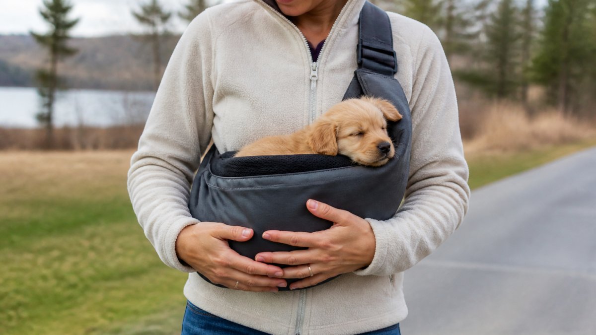 Pet owner demonstrating proper puppy sling positioning with a small puppy cradled securely against their chest in a horizontal position, showing correct body alignment and support