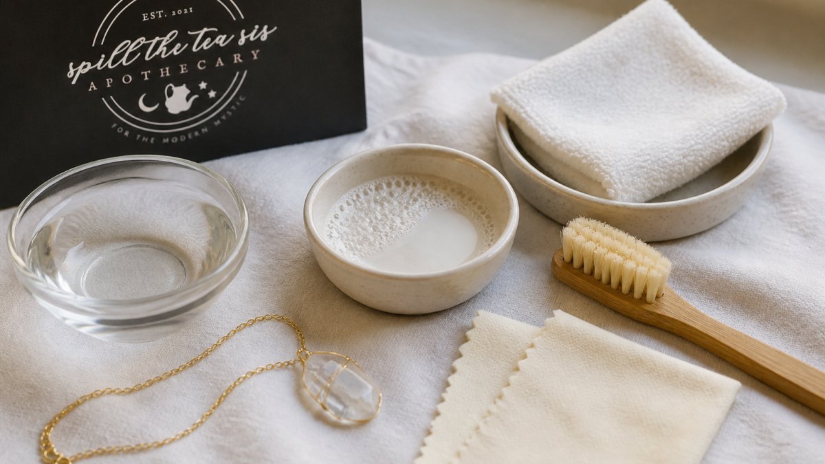 Flat lay of crystal jewelry cleaning supplies arranged on soft white cloth: small bowl of distilled water, gentle soap, soft-bristled brush, microfiber cloth, and a delicate crystal necklace with gold chain