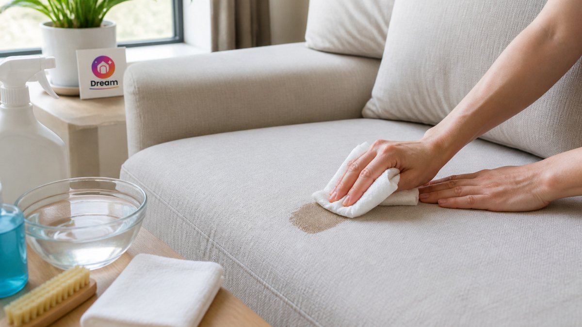 Hands blotting a fresh stain on a light-colored microfiber sofa with a clean white cloth under natural light