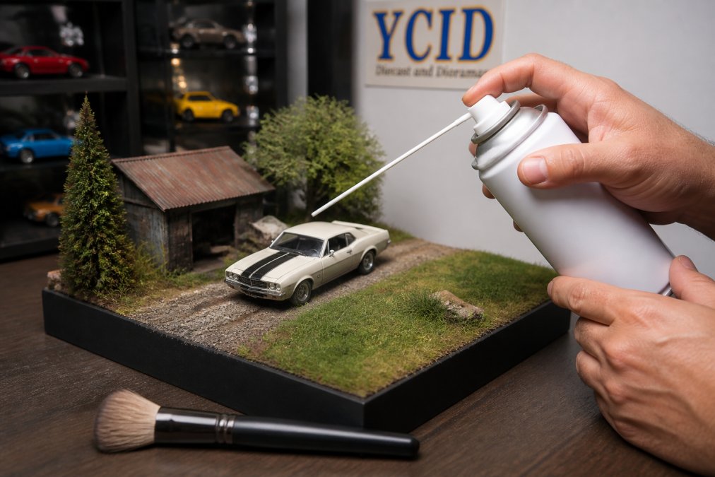 Close-up of hands holding a compressed air canister at proper distance from a detailed 1:18 scale diorama with foam board scenery and static grass, with a soft-bristled brush nearby on the work surface