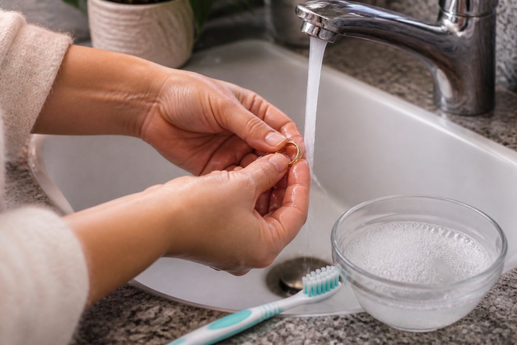 Close-up of hands holding a gold ring under a gentle stream of warm water in a clean bathroom sink, with a small bowl of soapy water and a soft-bristled toothbrush nearby
