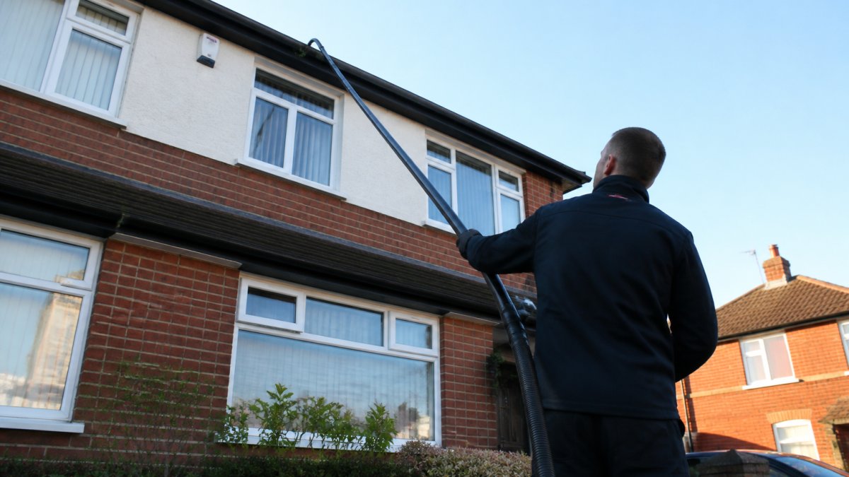 Professional demonstrating high-reach gutter vacuum system from ground level, with extended pole reaching gutters on a two-storey residential home, clear morning light