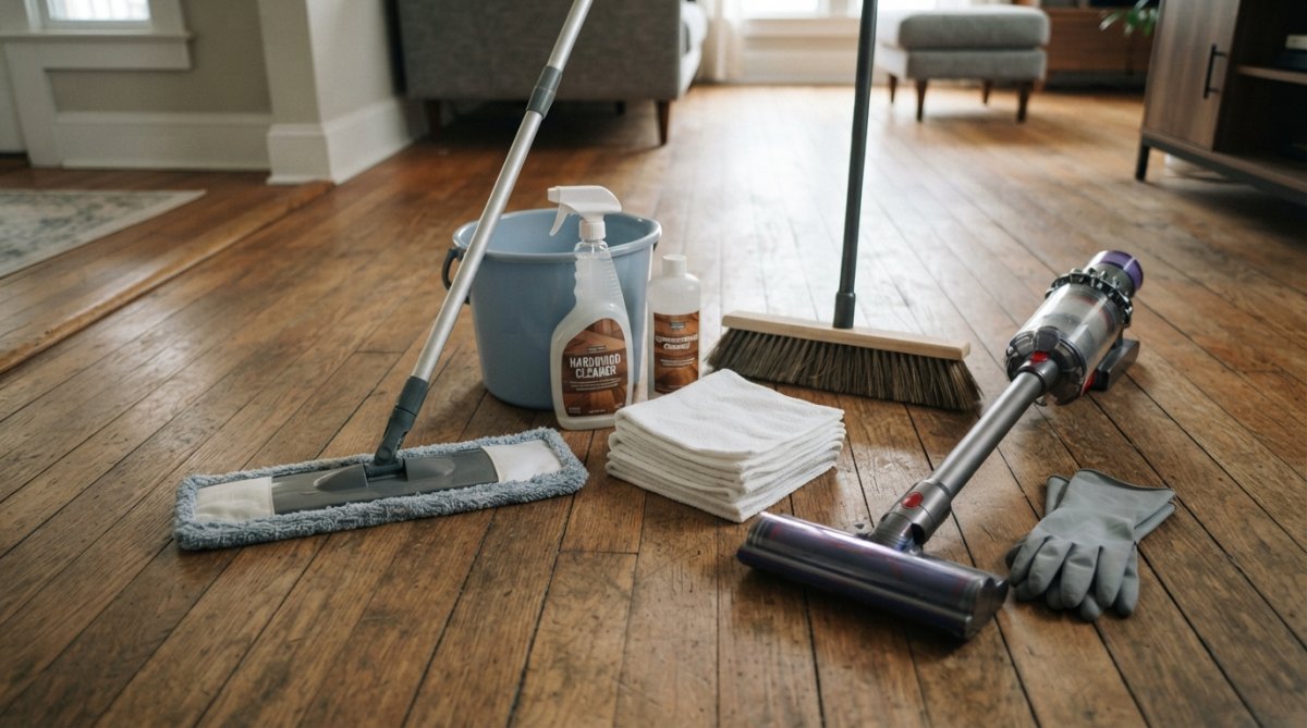 Flat-lay arrangement of hardwood floor cleaning tools including microfiber mop, soft-bristle dust mop, soft-bristled brush, damp rag, and pH-neutral cleaner bottle arranged on a wooden surface
