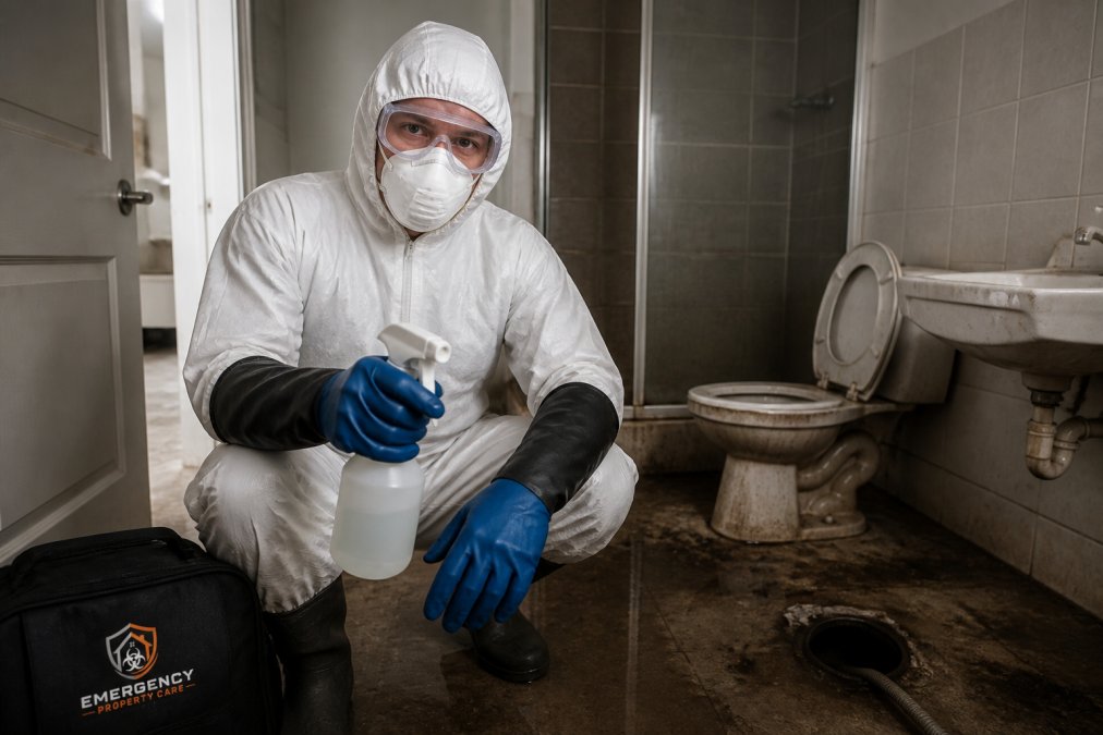 Professional wearing full protective equipment including double rubber gloves, protective eyewear, N95 respiratory mask, and full-body protective coveralls while holding disinfectant spray bottle in contaminated bathroom setting