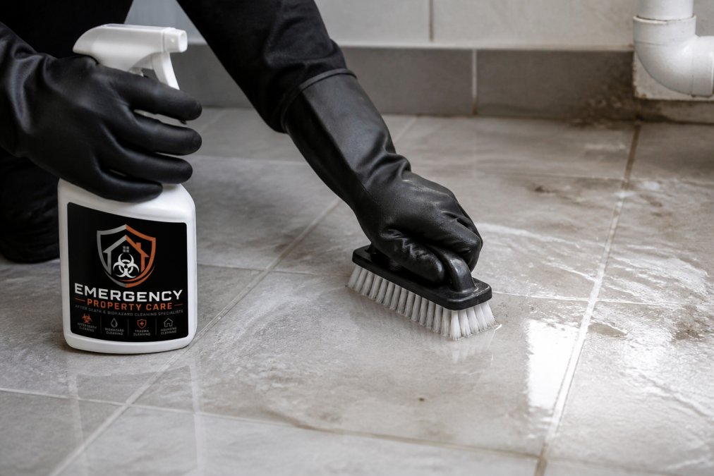Hands wearing heavy-duty rubber gloves scrubbing ceramic floor tiles with stiff-bristled brush and bleach-free disinfectant solution, showing cleaning action in progress with water running across tiles
