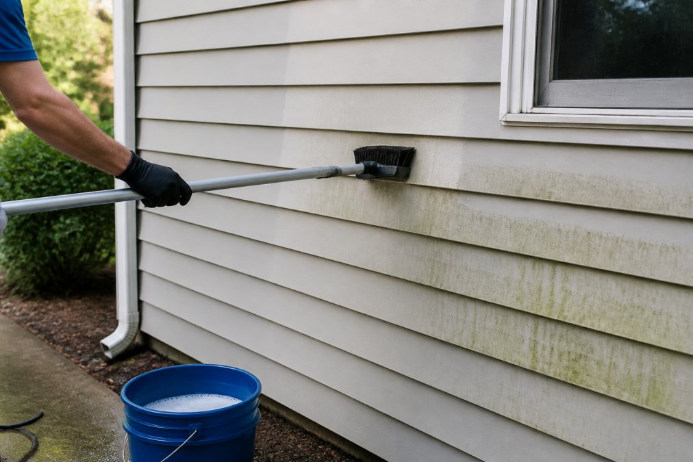 A gloved hand using a soft-bristled brush attached to an extension pole to scrub a section of vinyl siding on a house, with a bucket of soapy water nearby