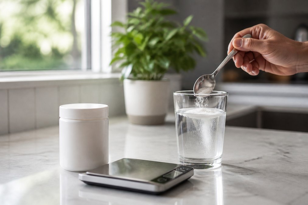 A clear glass of water with white creatine powder being stirred in by a spoon, placed on a modern kitchen counter beside a small digital scale and a clean white supplement container, bright natural daylight from a nearby window