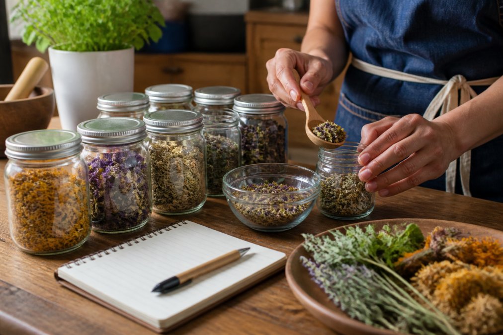 Close-up of hands organizing fresh and dried herbs in labeled glass jars on a kitchen counter, with a notebook and pen nearby for documentation