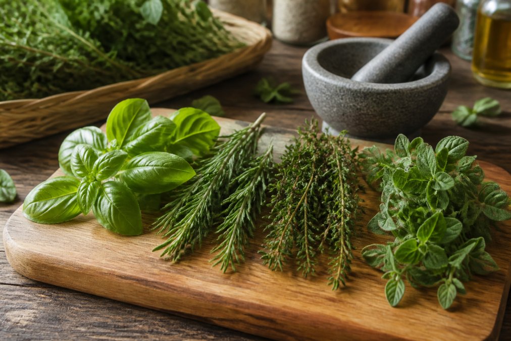 A kitchen workspace showing fresh basil, rosemary, thyme, and oregano arranged on a cutting board with a mortar and pestle, ready for preparation