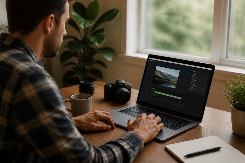 A person at a home desk using a browser tool to compress large video files shown on a laptop screen.