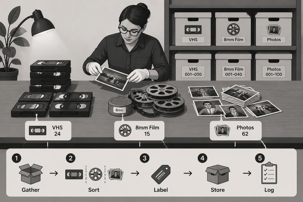 A person wearing white cotton gloves carefully sorting a collection of VHS tapes, 8mm film reels, and printed photographs spread across a large wooden table in a warmly lit room, with labelled archival boxes in the background