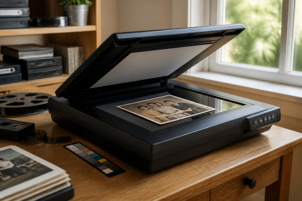 Close-up of a professional flatbed scanner with a colour-calibration strip placed beside it on a desk, scanning a faded family photograph in a well-lit home office with warm natural light coming through a window