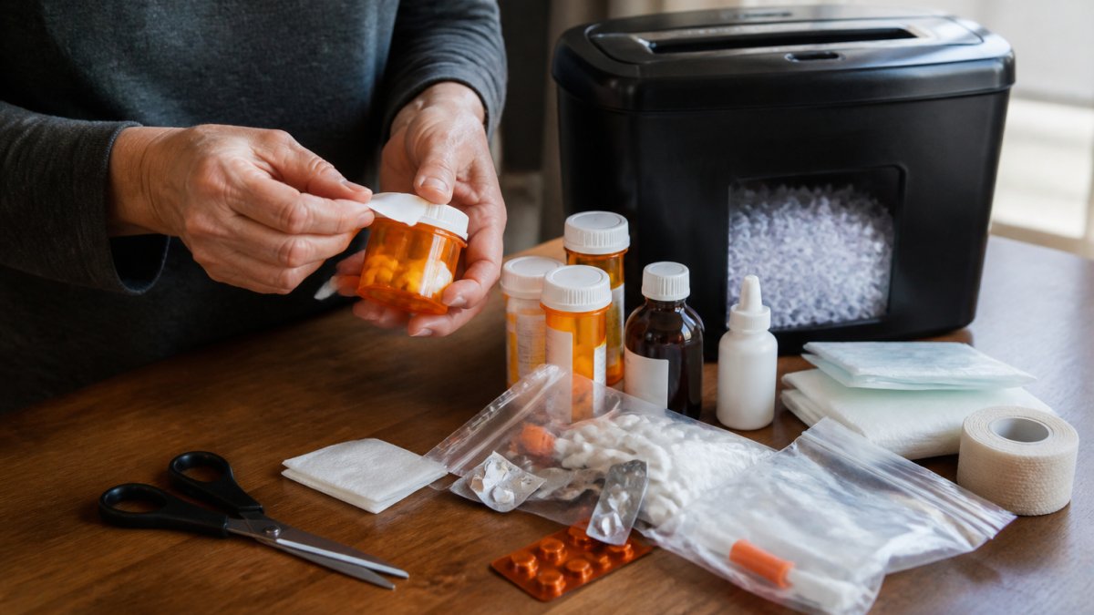Hands removing a prescription label from a medication bottle over a table with various expired medical supplies, scissors, and a shredder nearby