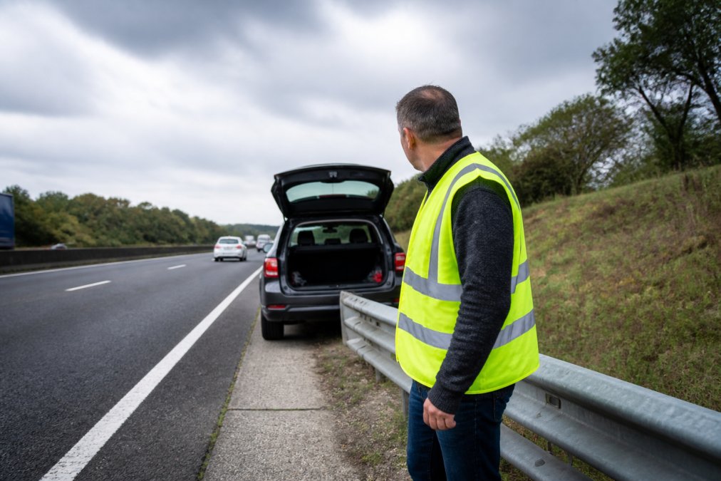 How to Safely Exit a Vehicle on the Motorway A driver standing outside a broken-down car on a motorway hard shoulder, wearing a high-visibility yellow vest, looking towards oncoming traffic while standing behind a safety barrier