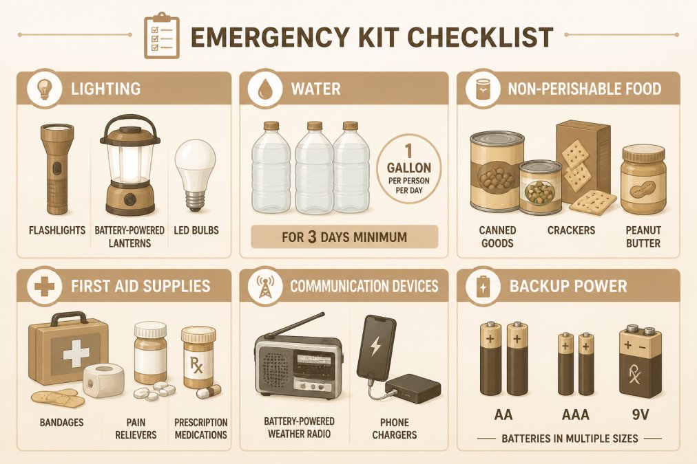 Emergency kit checklist showing organized categories: lighting (flashlights, battery-powered lanterns, LED bulbs), water (1 gallon per person per day for 3 days minimum), non-perishable food (canned goods, crackers, peanut butter), first aid supplies (bandages, pain relievers, prescription medications), communication devices (battery-powered weather radio, phone chargers), and backup power (batteries in multiple sizes: AA, AAA, 9V)