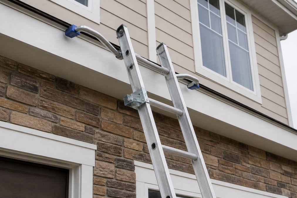 Close-up of an extension ladder with stabilizer bar and stand-off bracket positioned against two-story house eave, showing proper angle and secure positioning against fascia board