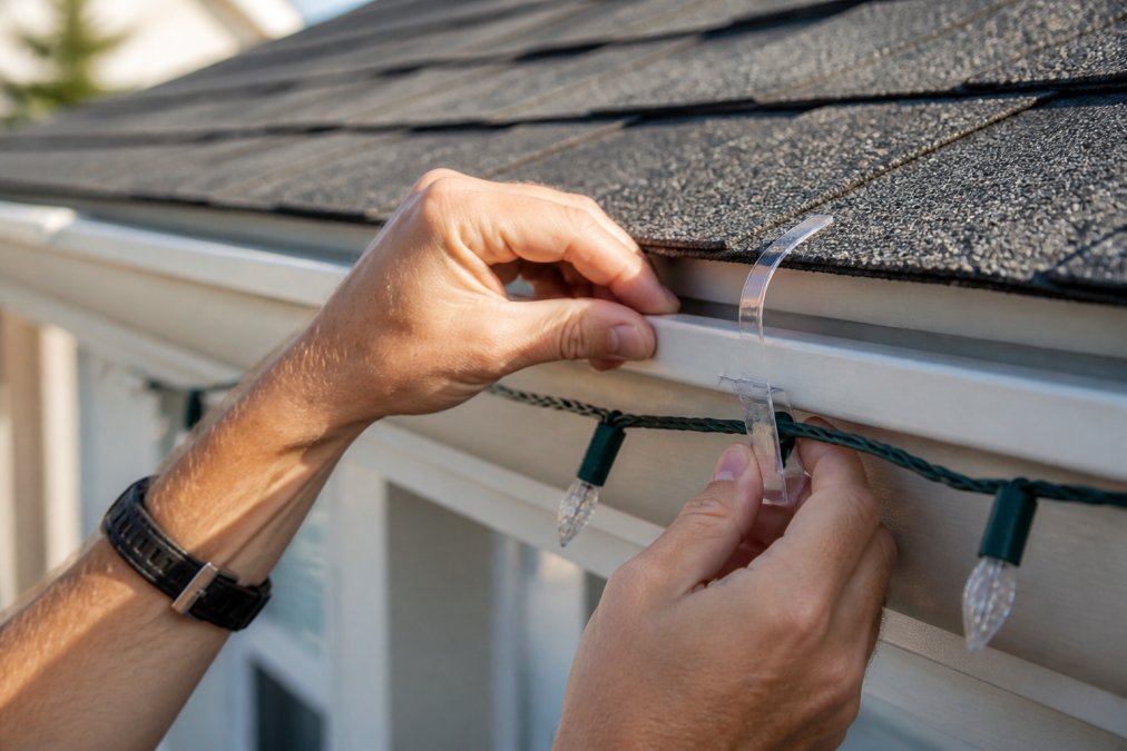 Hands installing plastic light clips and gutter hooks on roof edge and fascia board, demonstrating proper placement without nails or screws, showing close-up of clamping mechanism
