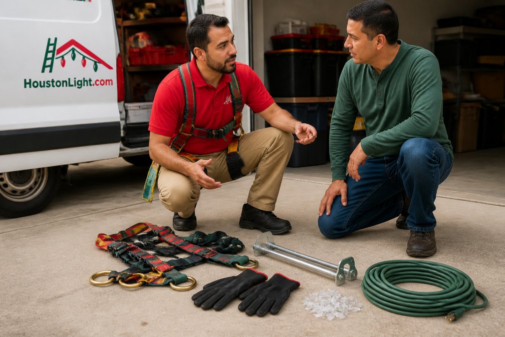 Close-up of holiday lighting safety gear laid out on a garage floor: a full body harness, work gloves, a ladder stabilizer stand-off, plastic light clips, and a coil of outdoor-rated extension cord