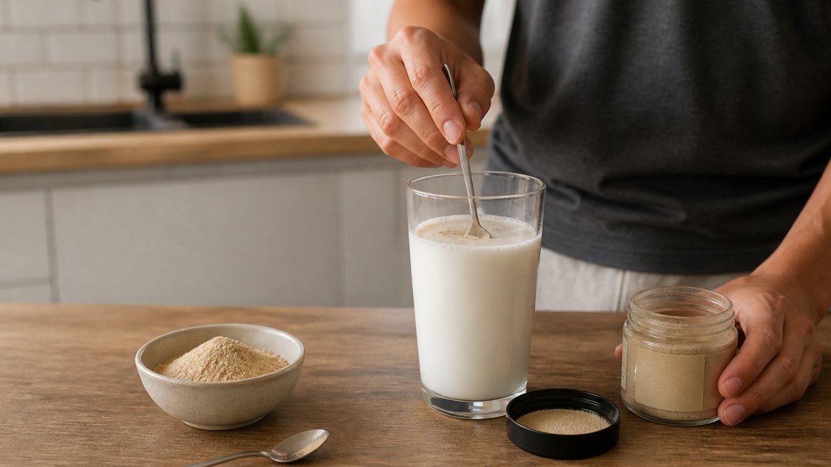 Person stirring herbal powder into a glass of warm milk on a bright kitchen counter