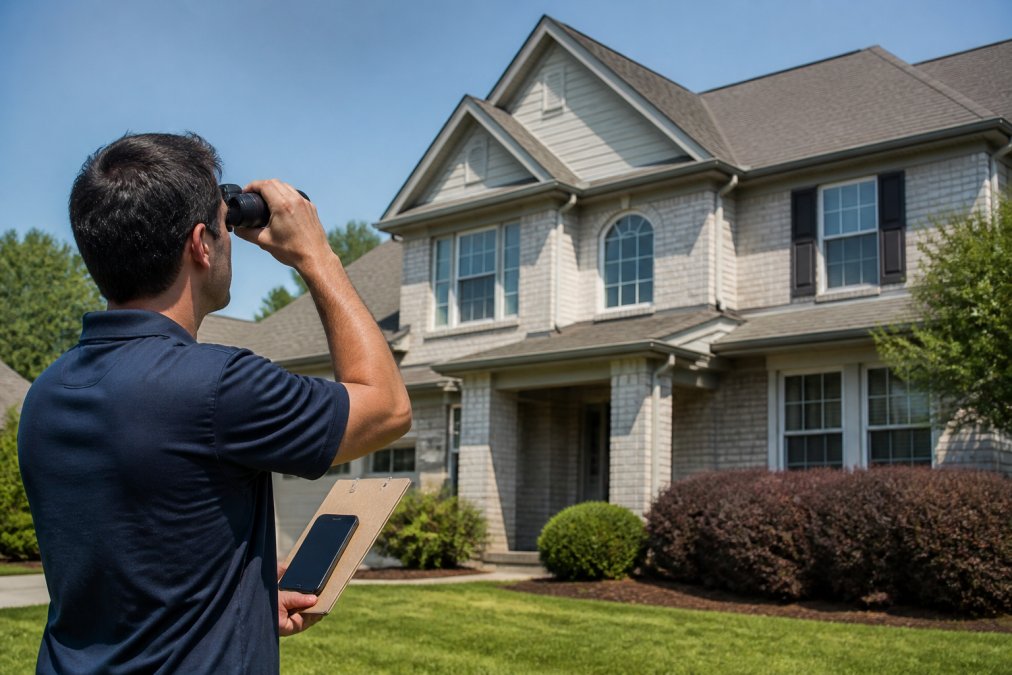 Homeowner using binoculars and a clipboard to inspect a roof from the front yard of a two-story house.