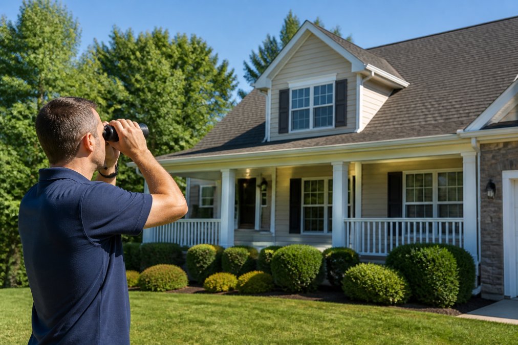 A homeowner standing on a green lawn, looking up at a house roof through binoculars on a clear day, with trees in the background