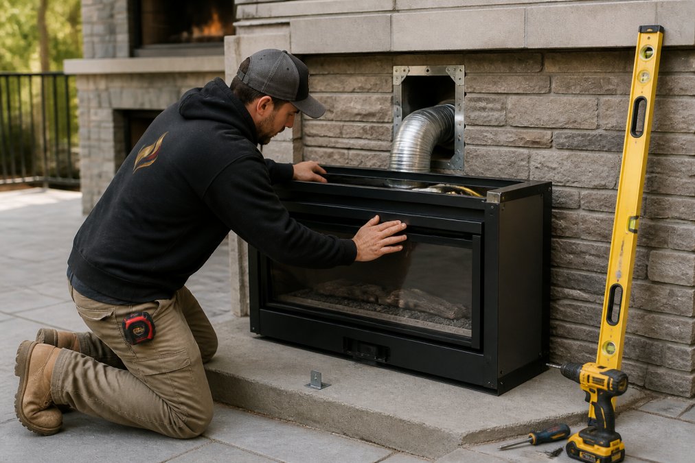 Professional contractor installing a gas fireplace in a backyard patio, carefully positioning the unit on concrete foundation while checking ventilation system alignment and clearance measurements