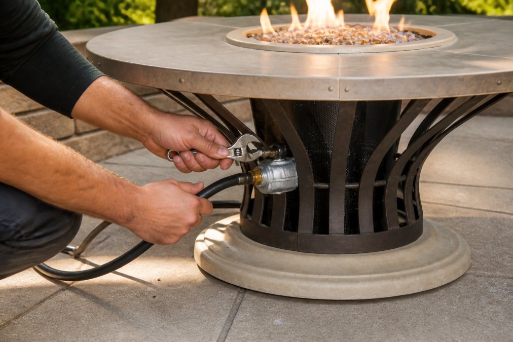 Professional technician's hands tightening gas line connections on a fire pit burner assembly, showing proper wrench grip and regulator attachment with natural outdoor lighting