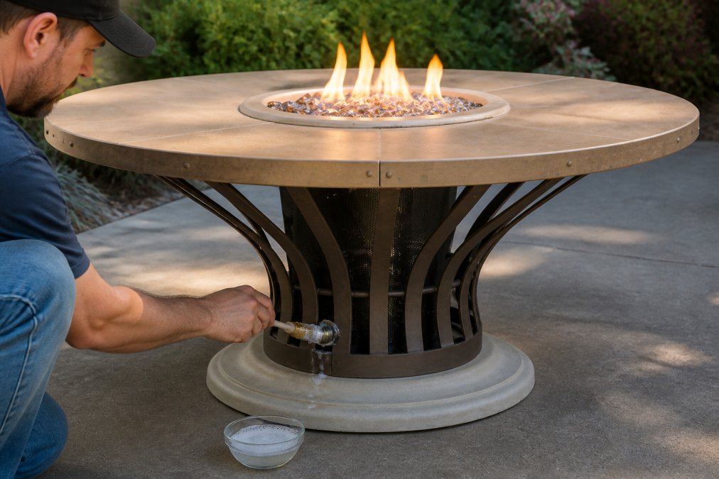 Technician applying leak detection solution to gas fire pit connections with brush, showing soap bubbles forming at fitting joints, outdoor setting with clear daylight