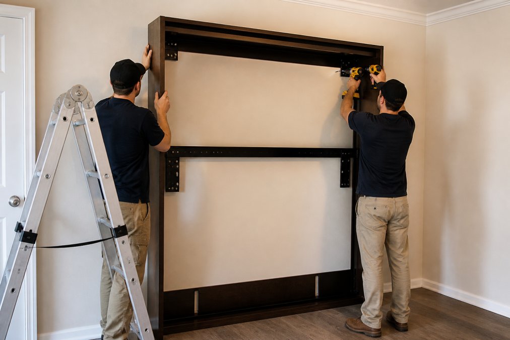 Process diagram showing steps for Two, Murphy for safely install murphy bed