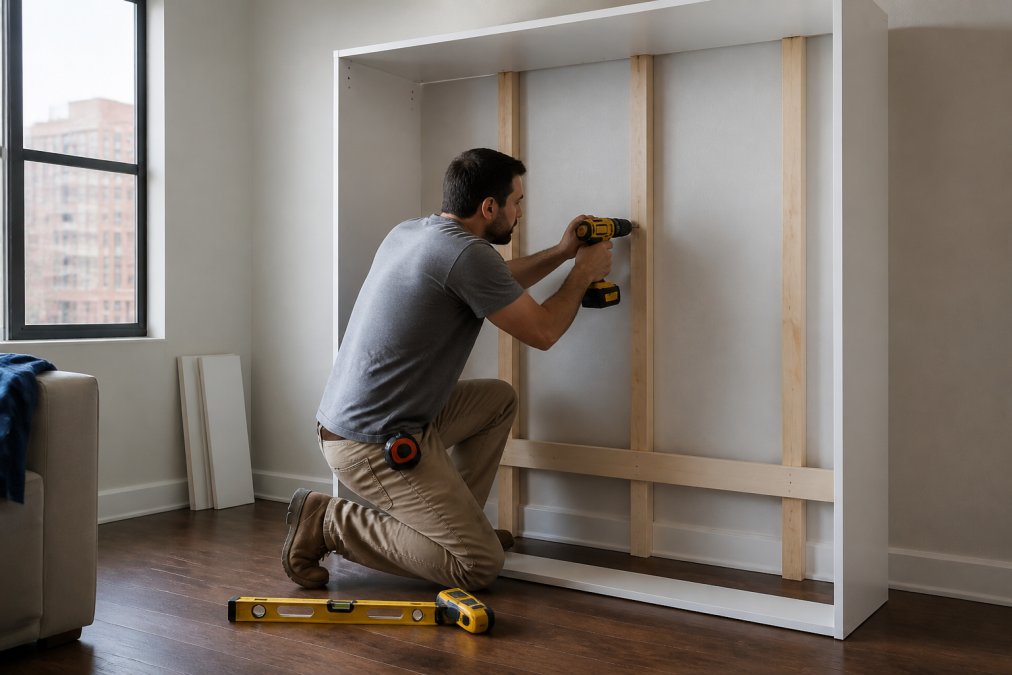 A homeowner using a power drill to secure a wall bed cabinet frame to wall studs in a bright apartment room, with a level and stud finder resting nearby on the floor