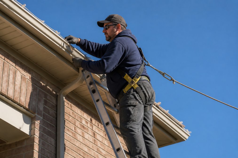 A professional installer on an extension ladder using a gutter clip to secure a strand of warm white LED lights, wearing a safety harness attached to the roof, clear blue sky overhead