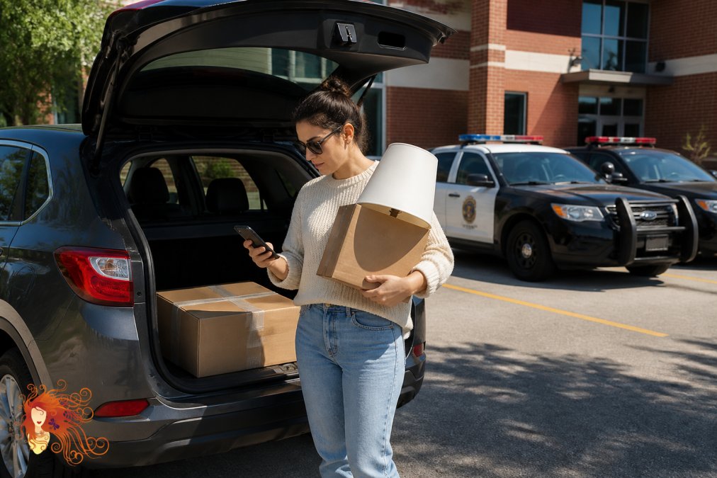 A person standing beside an open car trunk in a sunlit police station parking lot, holding a boxed lamp and checking their phone, with marked patrol vehicles visible in the background